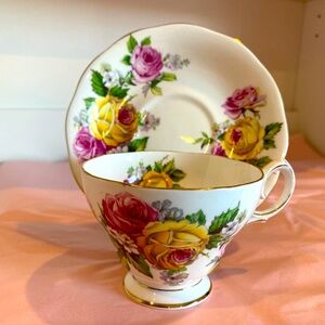 VTG Queen Anne Teacup and Saucer in the “Manor Roses” Pattern
